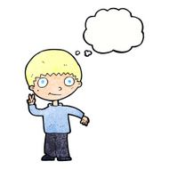 cartoon boy giving peace sign with thought bubble N11