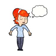 cartoon friendly woman shrugging shoulders with thought bubble N11