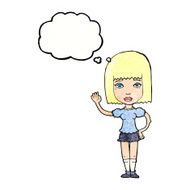 cartoon woman waving with thought bubble N366
