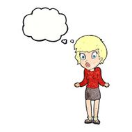 cartoon woman shrugging shoulders with thought bubble N534
