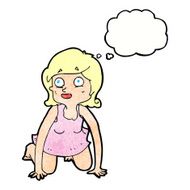 cartoon woman on all fours with thought bubble N22
