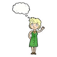 cartoon hippie woman waving with thought bubble N11
