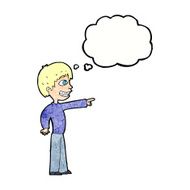 cartoon grinning boy pointing with thought bubble N10
