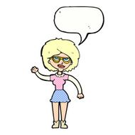 cartoon waving woman wearing spectacles with speech bubble N12