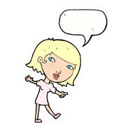cartoon happy girl gesturing to follow with speech bubble N12