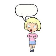 cartoon woman making Who Me? gesture with speech bubble N55