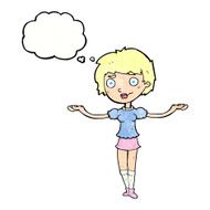 cartoon woman spreading arms with thought bubble N11