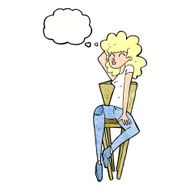 cartoon woman posing on chair with thought bubble N20