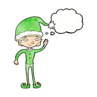 cartoon waving christmas elf with thought bubble N11