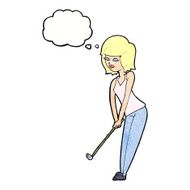 cartoon woman playing golf with thought bubble N21
