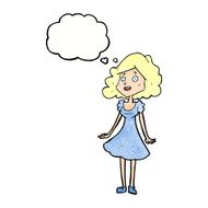 cartoon happy woman in dress with thought bubble N29