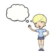 cartoon girl waving with thought bubble N32