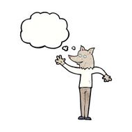 cartoon waving wolf man with thought bubble N7