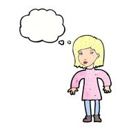 cartoon cautious woman with thought bubble N11