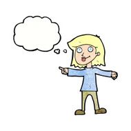 cartoon happy woman pointing with thought bubble N75