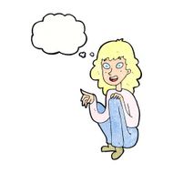 cartoon happy woman sitting and pointing with thought bubble N11