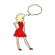 cartoon woman posing in dress with thought bubble N41