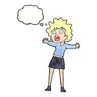 cartoon frightened woman with thought bubble N30