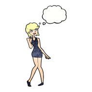 cartoon woman in cocktail dress with thought bubble N22