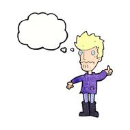 cartoon worried man giving thumbs up symbol with thought bubble N11
