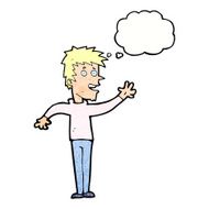 cartoon happy boy waving with thought bubble N22