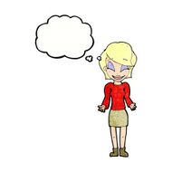 cartoon happy woman shrugging shoulders with thought bubble N22