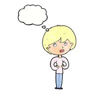 cartoon woman making Who Me? gesture with thought bubble N51