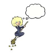 cartoon witch riding broomstick with thought bubble N21