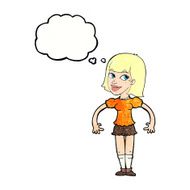 cartoon woman shrugging shoulders with thought bubble N535