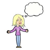 cartoon woman shrugging shoulders with thought bubble N536