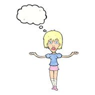 cartoon woman shrugging shoulders with thought bubble N537
