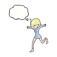 cartoon woman kicking off sock with thought bubble N10