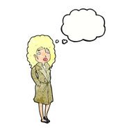 cartoon woman in trench coat with thought bubble N30