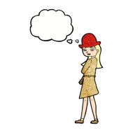 cartoon female spy with thought bubble N32