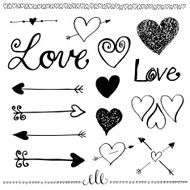 Ink hand-drawn doodle love set Heart and arrow
