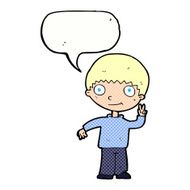 cartoon boy giving peace sign with speech bubble N11