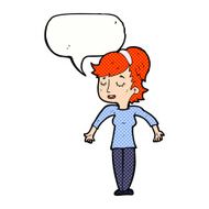 cartoon friendly woman shrugging shoulders with speech bubble N12