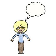 cartoon woman shrugging shoulders with thought bubble N538