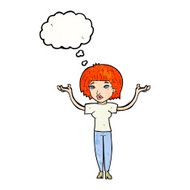 cartoon woman shrugging shoulders with thought bubble N539