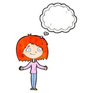 cartoon woman shrugging shoulders with thought bubble N540