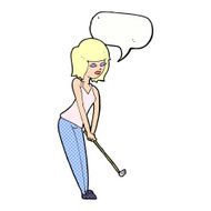 cartoon woman playing golf with speech bubble N23