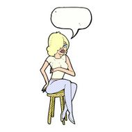 cartoon woman sitting on bar stool with speech bubble N22