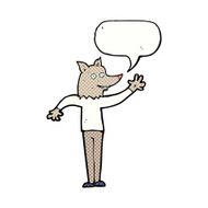 cartoon waving wolf man with speech bubble N8
