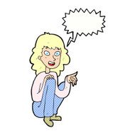 cartoon happy woman sitting and pointing with speech bubble N12