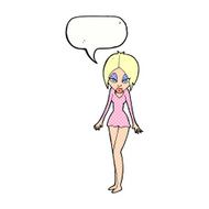cartoon woman in short dress with speech bubble N12