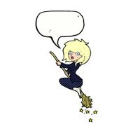 cartoon witch riding broomstick with speech bubble N23