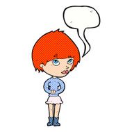 cartoon nervous woman with speech bubble N36