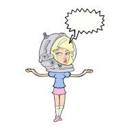 cartoon woman wearing space helmet with speech bubble N23
