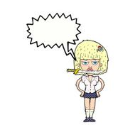 cartoon woman with knife between teeth speech bubble N44