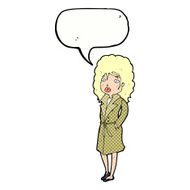 cartoon woman in trench coat with speech bubble N34